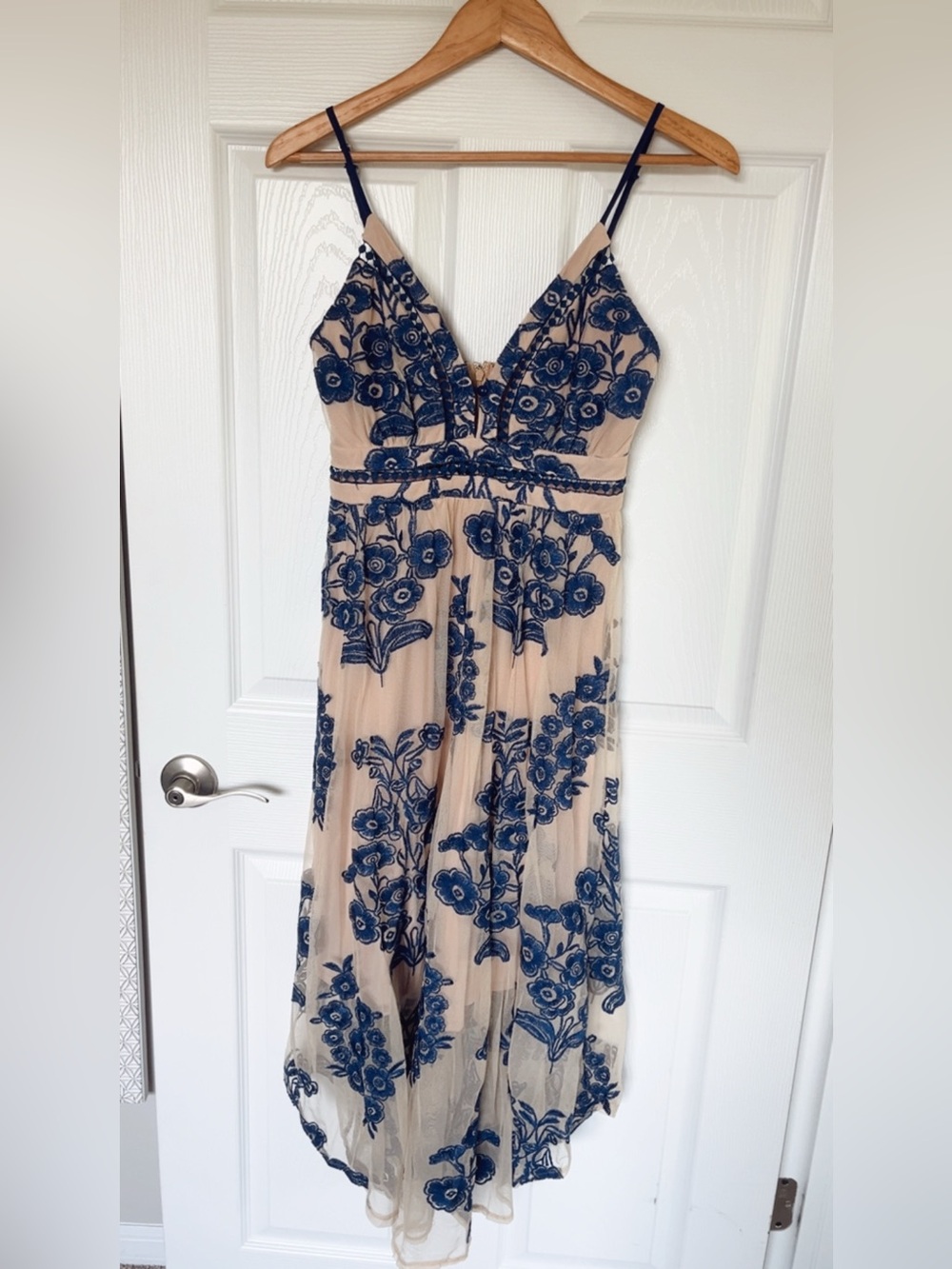 Beige Midi Dress with Navy Floral Embroidery and Spaghetti Straps